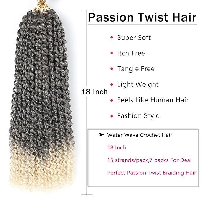 Ombre Blonde Passion Twist Hair, 18 Inch 7 Packs Water Wave Crochet Hair, Curly Wrap Braiding Hair For Passion Twist Crochet Hair/Butterfly Locs/Spring Twist Crochet Braids Hair Twist(18in,4/613#)