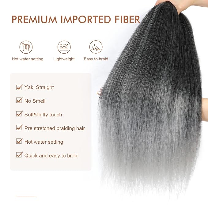 Pre-stretched Braiding Hair - 30 Inch 8 Packs Super Long Ombre Gray Braiding Hair For Twist or Box Braids, Yaki Texture Hot Water Setting Synthetic Braiding Hair (30 Inch, T-Gray-8P)