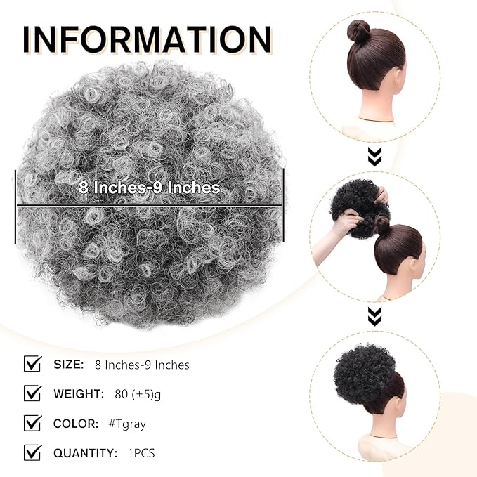 AISI QUEENS Afro Puff Drawstring Ponytail Extension for Black Women, Ombre Gray Faux Buns Short Kinky Curly Hair Ponytail Hair Extension Updo Wrap Fiber Wig(Tgray#)