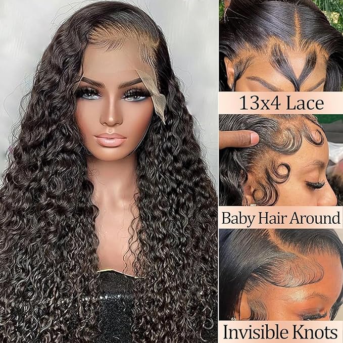 13x4 Deep Wave Lace Front Wigs Human Hair 180 Density Short Curly Wigs for Women Gluless Wigs Human Hair Pre Plucked Bleached Knots With Baby Hair Natural Hairline (18 Inch)