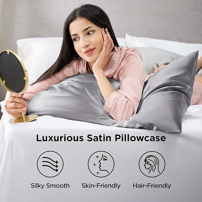 Bedsure Satin Pillowcases, Similar to Silk Pillowcase 2 Pack,Cooling Pillow Case for Sleeping Women with Envelope Closure, Gifts for Women Men, Dark Grey, Queen Size, 20x30 Inches, 2pcs