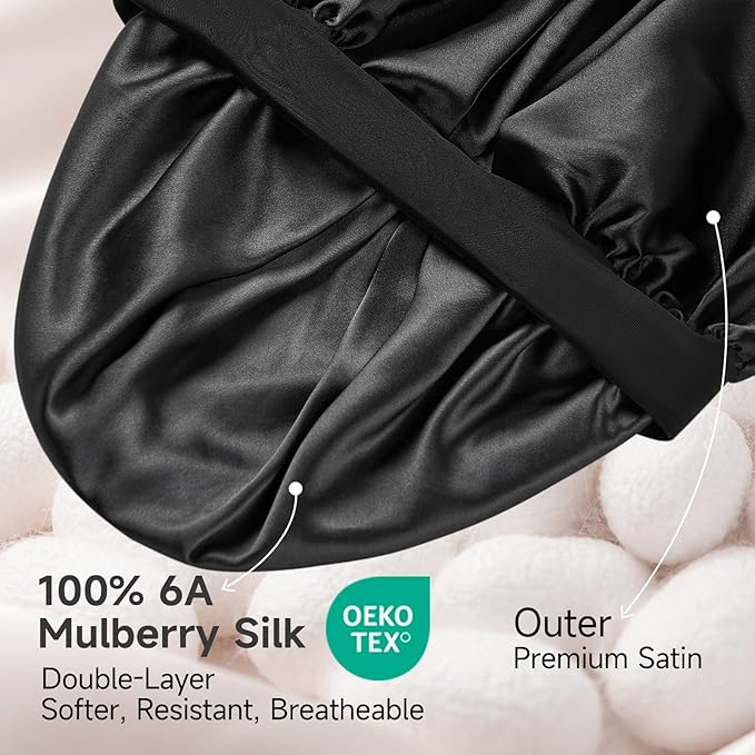 22 Momme 100% Real Mulberry Silk Bonnet for Sleeping Women, Large Hair Care Bonnet for Long Curly Hair, Double Layer Silk Hair Wrap with Soft Elastic Band, Non-Slip Sleep Cap, Black