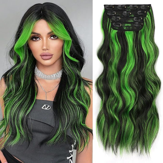 ALXNAN Clip in Long Wavy Synthetic Hair Extension 20 Inch Black Mix Green Highlights 4PCS Thick Hairpieces Fiber Double Weft Hair for Women
