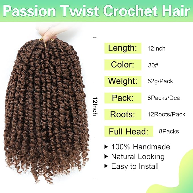 Passion Twist Crochet Hair 12Inch Passion Twist Hair 8 Packs Pre-Twisted Passion Twist Crochet Hair for Black Women Soft Passion Twist Curly Crochet Hair 30#