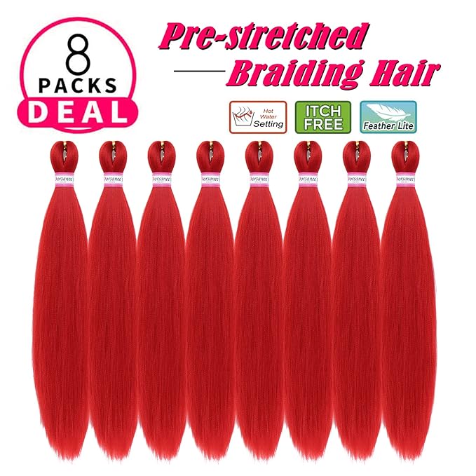 Red Braiding Hair Pre Stretched 20 Inch 8 Packs Braiding Hair Extensions for Crochet Box Braids Twists Locs Hair Soft Yaki Texture Hot Water Setting (20inch,#Red)