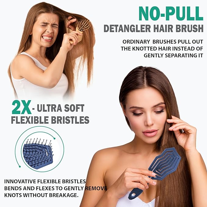Fiora Naturals Hair Detangling Brush for Women - Detangler Hair Brush w/Flexible Soft Bristles- Gently Glides Through Tangles - Curly, Fine, Dry and Shower Wet HairBrush, cepillo para cabello - Blue