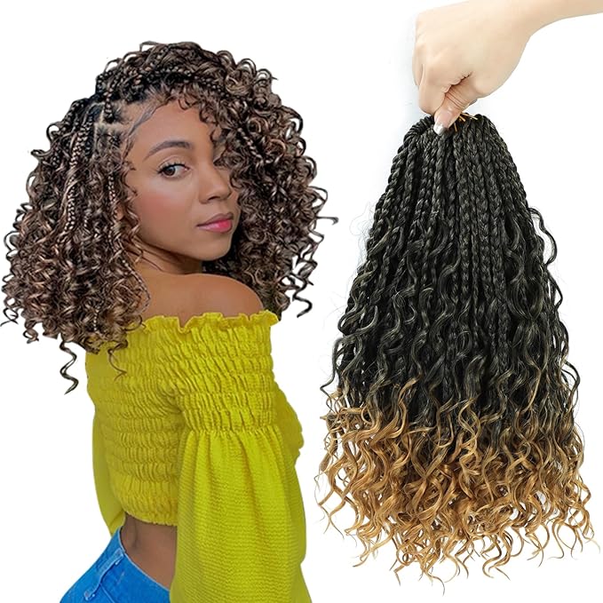 8 Packs Box Braids Crochet Braids with Curly Ends 12 Inch Crochet Box Braids 3X Box Braid Crochet Hair Extension(12(8Packs), 1B/27)