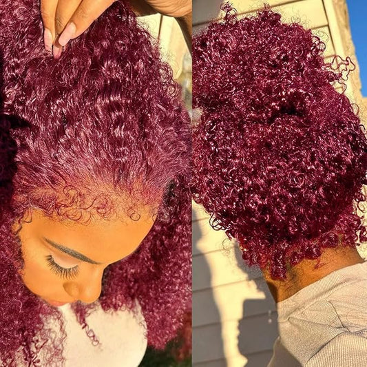 30 Inch Burgundy Wig Human Hair Deep Wave, Hidden Strap 360 Lace Front Wigs Human Hair Pre Plucked Pre Cut Glueless Drawstring, 99J Burgundy Curly Human Hair Wig for Women