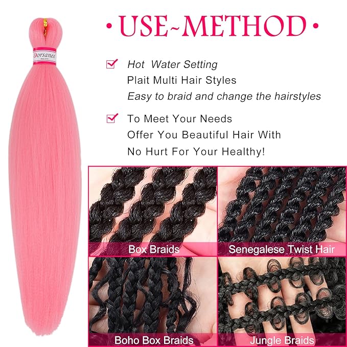 Dorsanee Pink Braiding Hair Pre Stretched 20 Inch 3 Packs Professional Easy Braiding Hair for Crochet Braids Twists Locs Hair Soft Yaki Texture Hot Water Setting Synthetic Hair Extensions