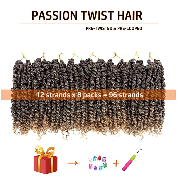 Passion Twist Crochet Hair 10 Inch Pre-twisted Passion Twist Crochet Braids for Women Girls Pre-looped Short Curly Crochet Hair Bohemian Synthetic Hair Extensions 8 packs 1B/27