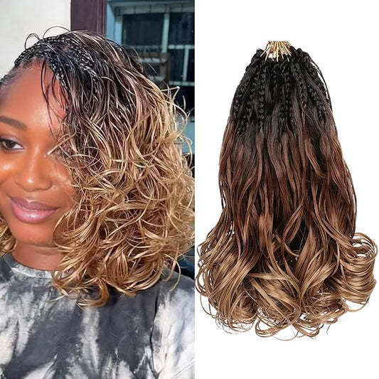 Leeven Boho French Curl Crochet Braids 12 Inch 8 Packs Ombre Brown to Honey Blonde Pre Looped Curly Crochet Hair Short Goddess Box Braids 3 Tone Loose Wave Synthetic Hair Extensions for Women Girl