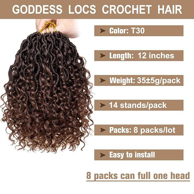 COOKOO 8 Packs Short Goddess Faux Locs Hair 12 Inch 14 Strands/Pack Pre-looped Ombre Brown Goddess Locs Crochet Hair Bohemian Locs Crochet Hair with Curls River Locs Synthetic Hair Extentions T30#
