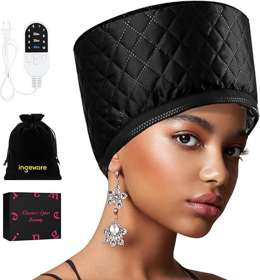 Heat Cap for Deep Conditioning, Ingeware Thermal Cap for Hair Steamer Cap for Natural Hair Portable Electric Heat Hair Spa Cap for Home Use Pattern (Solid Black)