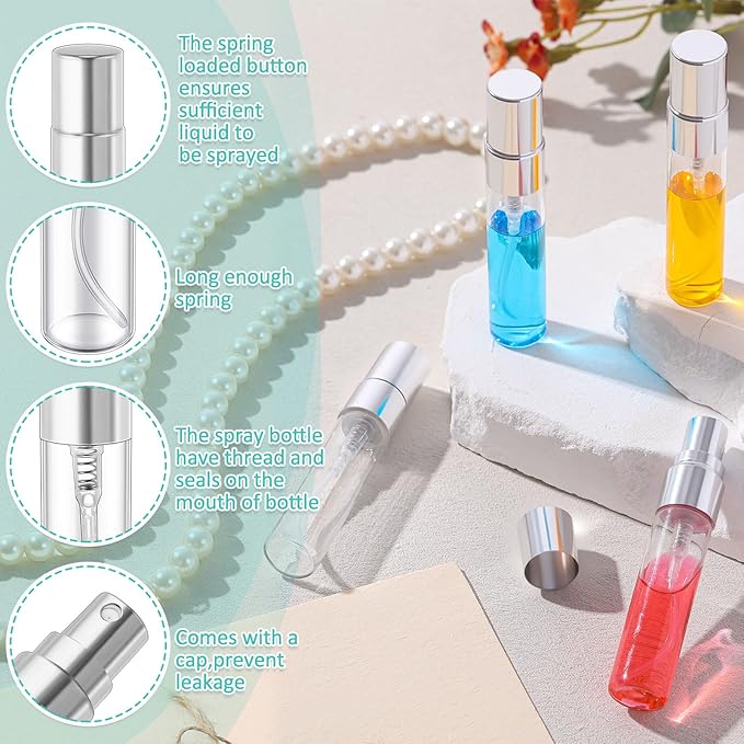 Zhehao 50 Pcs Mini Spray Bottles 5 ml Clear Glass Perfume Bottles Refillable Fine Mist Perfume Atomizer Portable Empty Sample Containers for Cleaning, Essential Oils, Travel (Silver Cap)