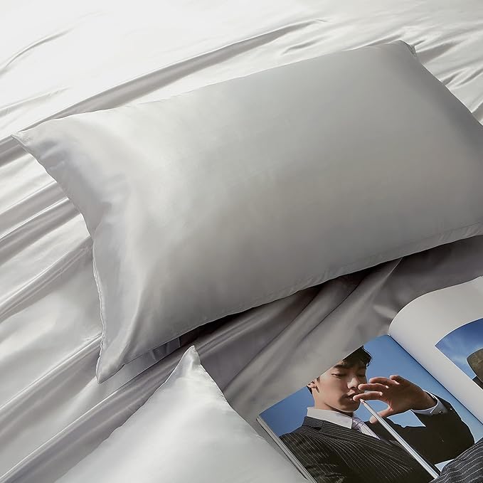 King Size Satin Pillowcase Set of 2 with Envelope Closure,Light Gray Silk Pillowcase for Hair and Skin (20x36)