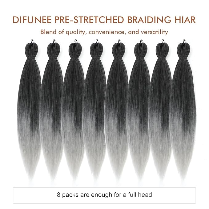 Pre-stretched Braiding Hair - 30 Inch 8 Packs Super Long Ombre Gray Braiding Hair For Twist or Box Braids, Yaki Texture Hot Water Setting Synthetic Braiding Hair (30 Inch, T-Gray-8P)