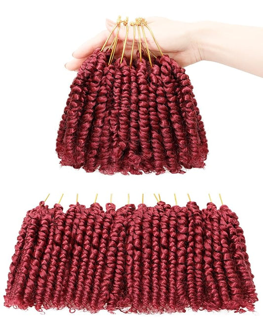 4 Inch 7 Packs Super Short Passion Twist Crochet Hair for Black Women and Kids-Burgundy Pre Looped Pretwisted Soft Hair Extensions,Braided by Synthetic Spring Kinky Twist Bohemian Curl(4"-7P,BUG#)