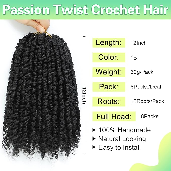 Passion Twist Crochet Hair 12Inch Passion Twist Hair 8 Packs Soft Pre-Twisted Short Passion Twist Crochet Hair for Black Women (12inch(pack of 8),1B) ……