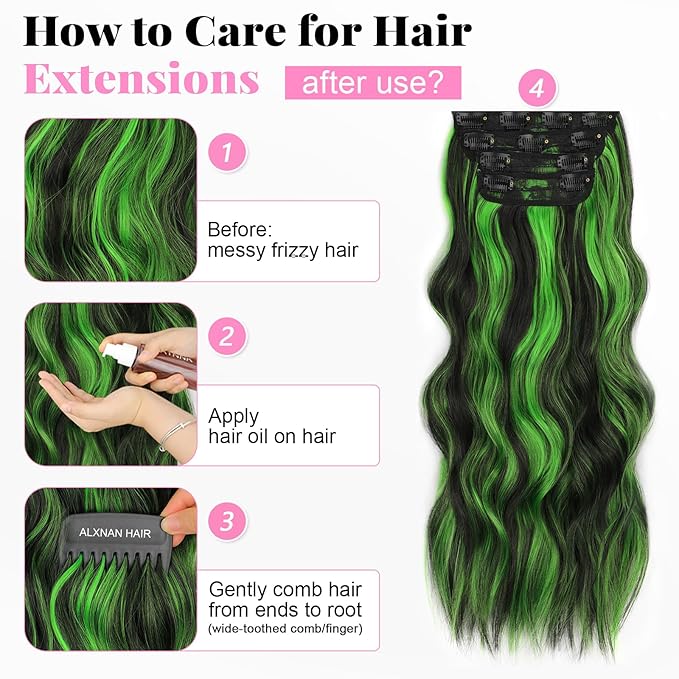 ALXNAN Clip in Long Wavy Synthetic Hair Extension 24 Inch Black Mix Green Highlights 4PCS Thick Hairpieces Fiber Double Weft Hair for Women