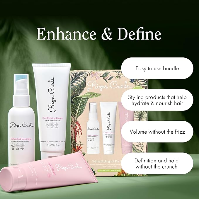 Rizos Curls 3-Step Styling Kit - Define, Style, Hold with Curl Defining Cream, Light Hold Gel & Refresh Spray – Enhances Shine, Moisture & Frizz Control for All Curl Types 2c–4c – Sulfate Paraben Free