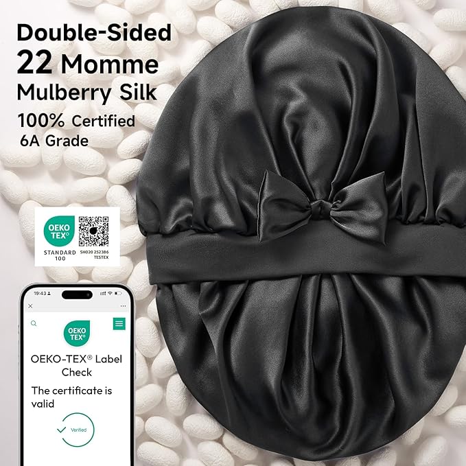 Umisleep Double-Sided 100% 22 Momme Mulberry Silk Bonnet for Sleeping Women, Large Silk Hair Wrap for Long Curly Hair, Non-Slip Sleep Cap with Adjustable Band, Ebony
