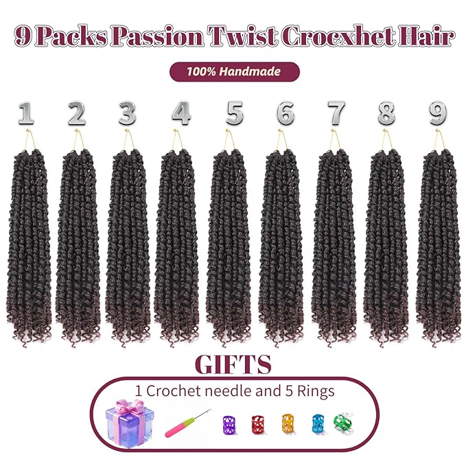 14 Inch Deep Brown Crochet Twists Pre Looped 9 Packs Passion Twist Crochet Hair Braiding Curly Ends Hair Extensions for Women(14 Inch,T33#)