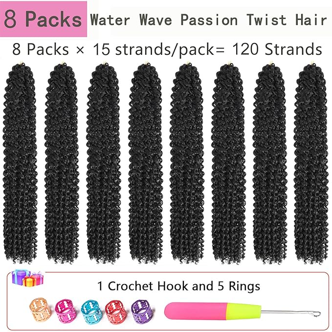 Passion Twist Hair 18 Inch 8 Packs Water Wave Crochet Hair Curly Braiding Hair Long Bohemian Spring Twist Hair For Butterfly Locs Crochet Braids Synthetic Hair Extension (18 Inch (Pack of 8), 1B#)