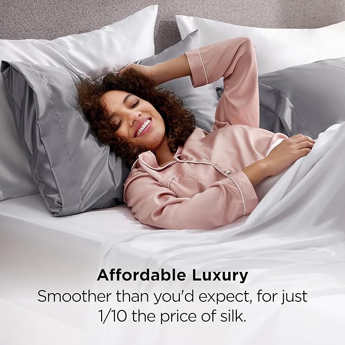 Bedsure Satin Pillowcases, Similar to Silk Pillowcase 2 Pack,Cooling Pillow Case for Sleeping Women with Envelope Closure, Gifts for Women Men, Dark Grey, Queen Size, 20x30 Inches, 2pcs