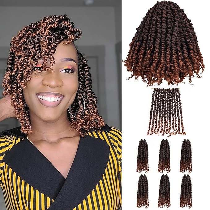 10 Inches 7 Packs Pre Looped Pretwisted Passion Twist Crochet Hair for Black Women and Kids-Ombre Brown,Soft Hair Extensions Braided by Synthetic Spring Kinky Twist Bohemian Curl(10"-7 Packs,T1B/30)