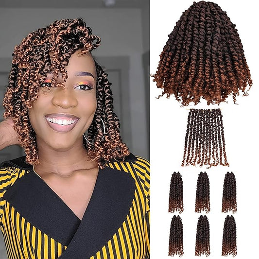 10 Inches 7 Packs Pre Looped Pretwisted Passion Twist Crochet Hair for Black Women and Kids-Ombre Brown,Soft Hair Extensions Braided by Synthetic Spring Kinky Twist Bohemian Curl(10"-7 Packs,T1B/30)