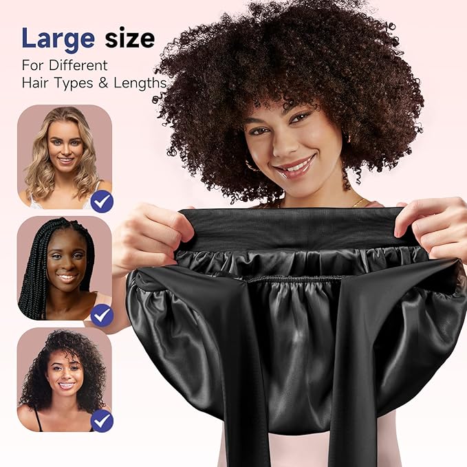 Umisleep Silk Bonnet, Soft Hair Bonnet for Sleeping, Real Mulberry Silk Lining, Bonnets for Women Hair Care, Double Layer Hair Cap with Tie, Large Silk Hair Wrap for Curly Long Hair, Black