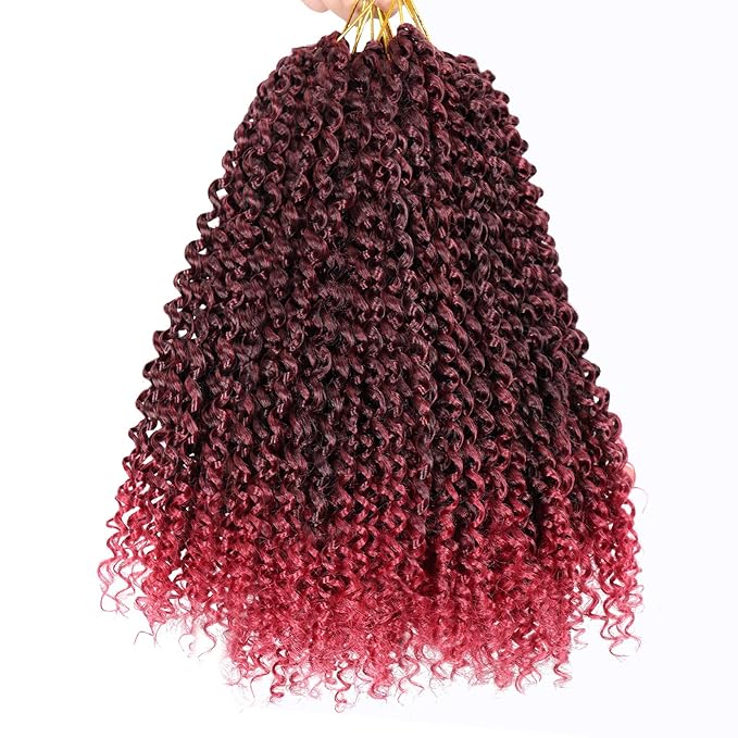 Dorsanee Ombre Burgundy Passion Twist Hair 14 Inch 7 Packs Water Wave Crochet Hair Long Bohemian Curly Braiding Hair for Butterfly Locs, Faux Locs, Boho Style Spring Twist Crochet Braids (TBug#)