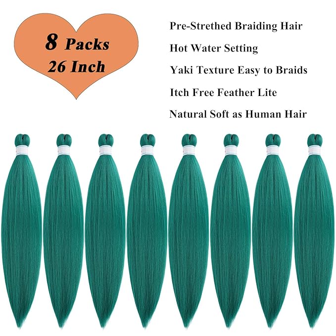 Pre Stretched Braiding Hair Green Kanekalo Teal Braiding Hair Pre Stretched Colored Hair Extensions for Braiding Box Braids Hair Knotless Prestretched Braiding Hair 26 inch