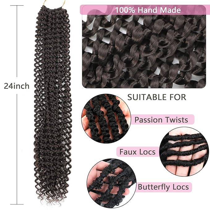 Passion Twist Hair Dark Brown 24 Inch 8 Packs Water Wave Crochet Hair For Women Passion Twists Braiding Hair Long Bohemian Crochet Braids Synthetic Hair Extension (24 Inch, 4#)
