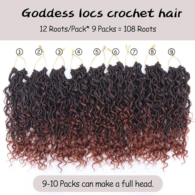 Goddess Locs Crochet Hair 12 Inch 9 Packs Synthetic Faux Locs Crochet Hair for Black Women, River Locs Hair Extensions Style Pre looped Crochet with Curly Ends