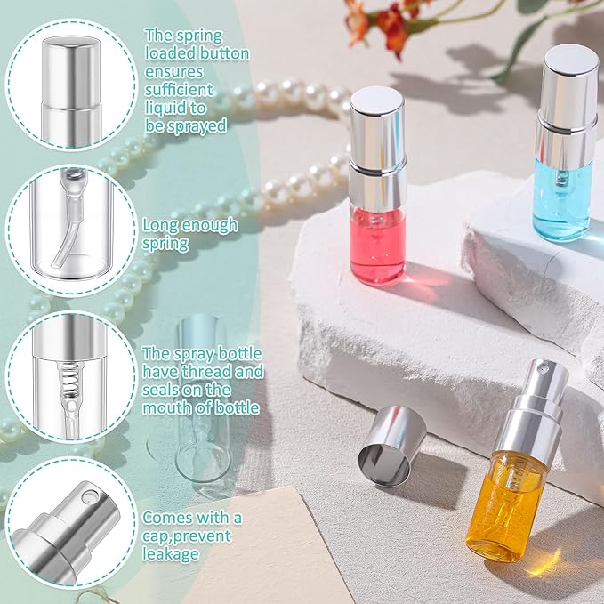 Zhehao 50 Pcs Mini Spray Bottles 2 ml Clear Glass Perfume Bottles Refillable Fine Mist Perfume Atomizer Portable Empty Sample Containers for Cleaning, Essential Oils, Travel (Silver Cap)