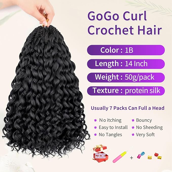 New Gogo Curl Crochet Hair Protein Fiber Close to Human Hair 14-Inch 7-Packs Pre-Looped Water Wave & Deep Twist Natural Look Tangle-Resistant for Black Women (1B, 14Inch)