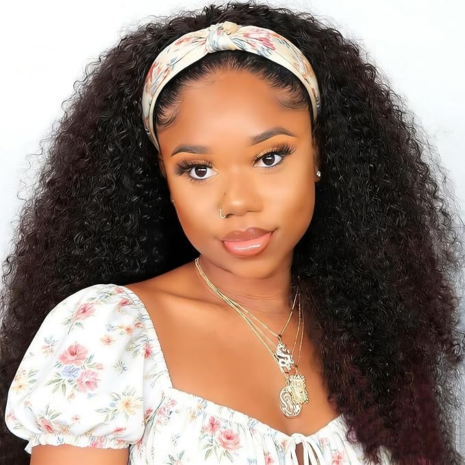 XSY Headband Wig Human Hair for Black Women Kinky Curly Headband Half Wigs Glueless Brazilian Hair 150% Density Natural Colour 24 Inch