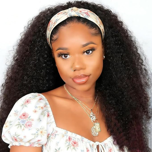 XSY Headband Wig Human Hair for Black Women Kinky Curly Headband Half Wigs Glueless Brazilian Hair 150% Density Natural Colour 24 Inch