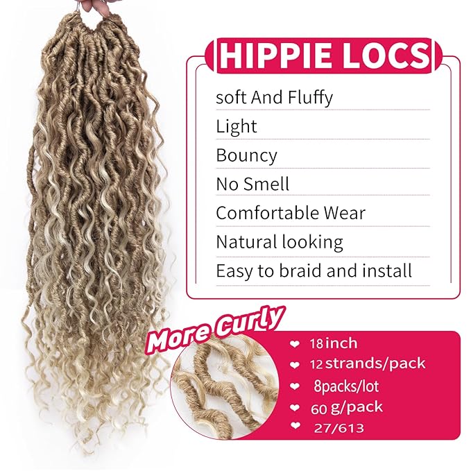 Goddess Locs Crochet Hair 18Inch 8Packs Crochet Locs,Boho Faux Locs With Curly Ends River Hippie Locs Bohemian Locs Crochet Braids(27/613, 18inch(Pack of 8))