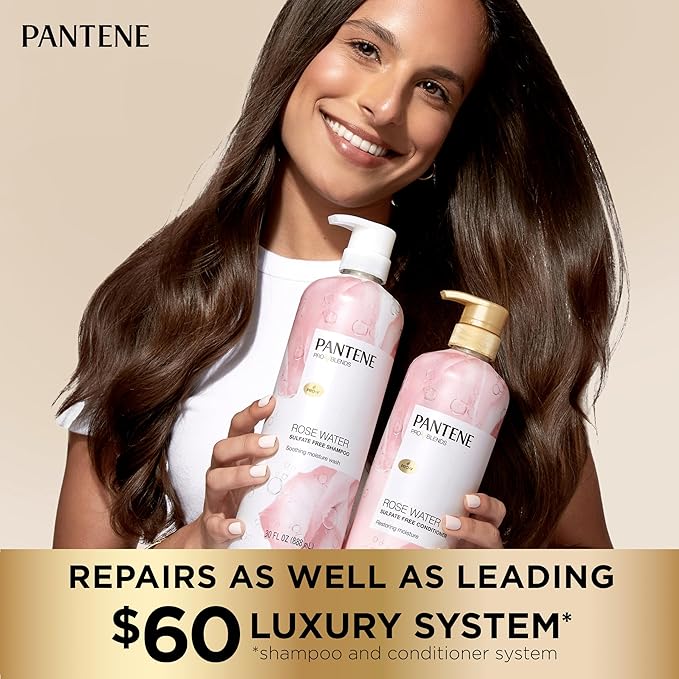 Pantene Sulfate Free Rose Water Shampoo, Soothes, Replenishes Hydration, Safe for Color Treated Hair, Nutrient Infused with Vitamin B5 and Antioxidants, Pro-V Blends, 30.0 oz