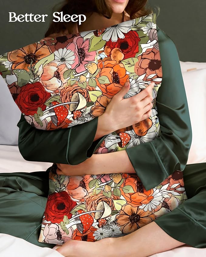 Silk Pillowcase 2 Pack - Pillow Cases 20" x 30" Queen Size Set of 2 for Hair and Skin Smooth Soft Breathable with Hidden Zipper Cooling Pillow Covers for Sleeping,Mushroom Bushes