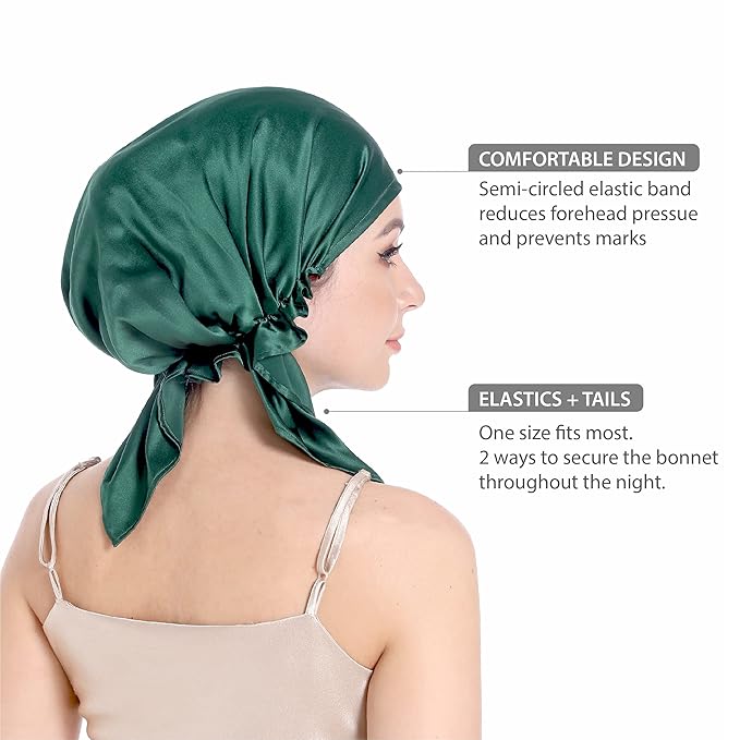 SissiLita 100% Silk Bonnet for Sleeping, Large Sleep Cap With Tie Band for Curly Hair Care, Hair Wrap (Emerald)