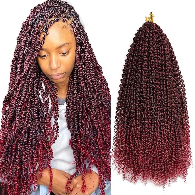 Dorsanee Ombre Burgundy Passion Twist Hair 18 Inch 7 Packs Water Wave Crochet Hair Long Bohemian Curly Braiding Hair for Butterfly Locs, Faux Locs, Boho Style Spring Twist Crochet Braids (TBug#)
