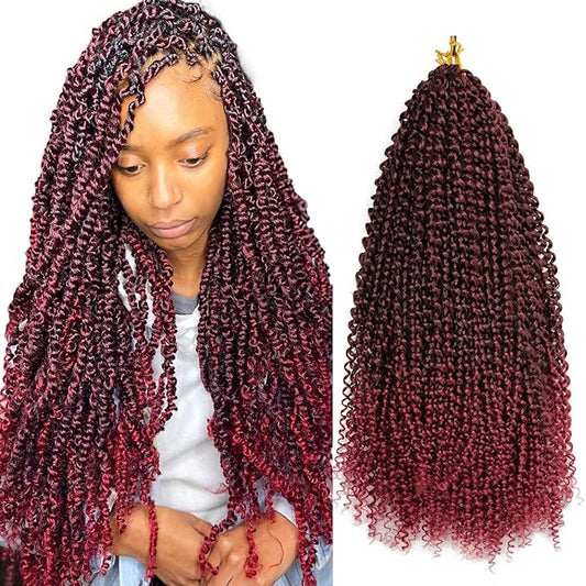 Dorsanee Ombre Burgundy Passion Twist Hair 18 Inch 7 Packs Water Wave Crochet Hair Long Bohemian Curly Braiding Hair for Butterfly Locs, Faux Locs, Boho Style Spring Twist Crochet Braids (TBug#)