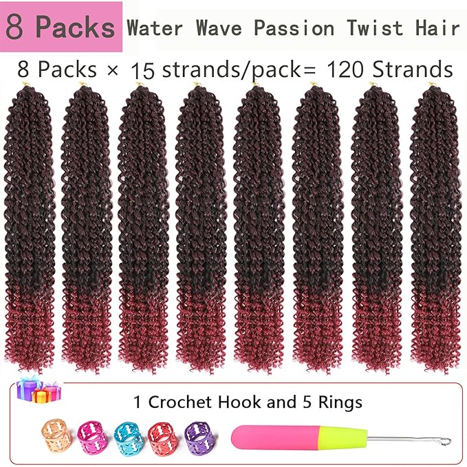 TBG Burgundy Red 24 Inch Passion Twist Crochet Hair - 8 Packs Water Wave Braiding Hair Long Spring Twist Hair Synthetic Hair Extension