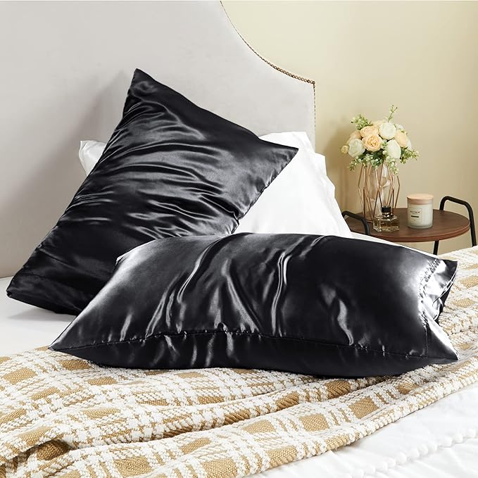 BEDELITE Satin Pillowcase for Hair and Skin, Super Soft and Cooling Similar to Silk Pillow Cases 2 Pack with Envelope Closure, Gift for Women Men(20"x40" King Size, Black)