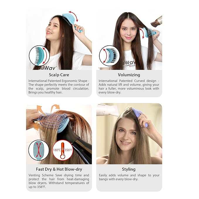 NuWay 4HAIR DoubleC PRO U.S. Patented Double Curved Detangling Brush is Hair Dryer Safe (Red Violet)
