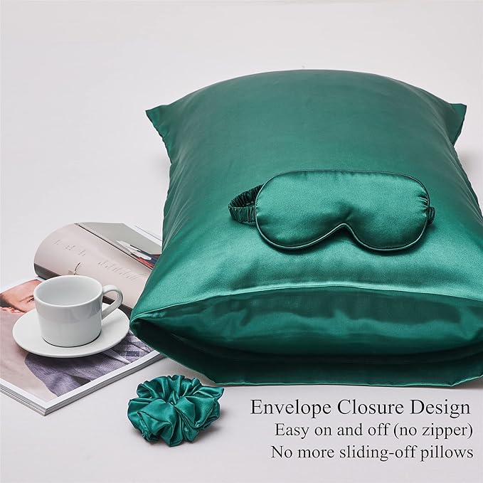 Satin Pillowcase for Hair and Skin, Vegan Silk Pillowcase Set-2 Satin Pillowcases, 1 Eye Mask, 1 Scrunchie-Luxury Sleep Set, Dark Green Pillow Cases Standard Size with Envelope Closure