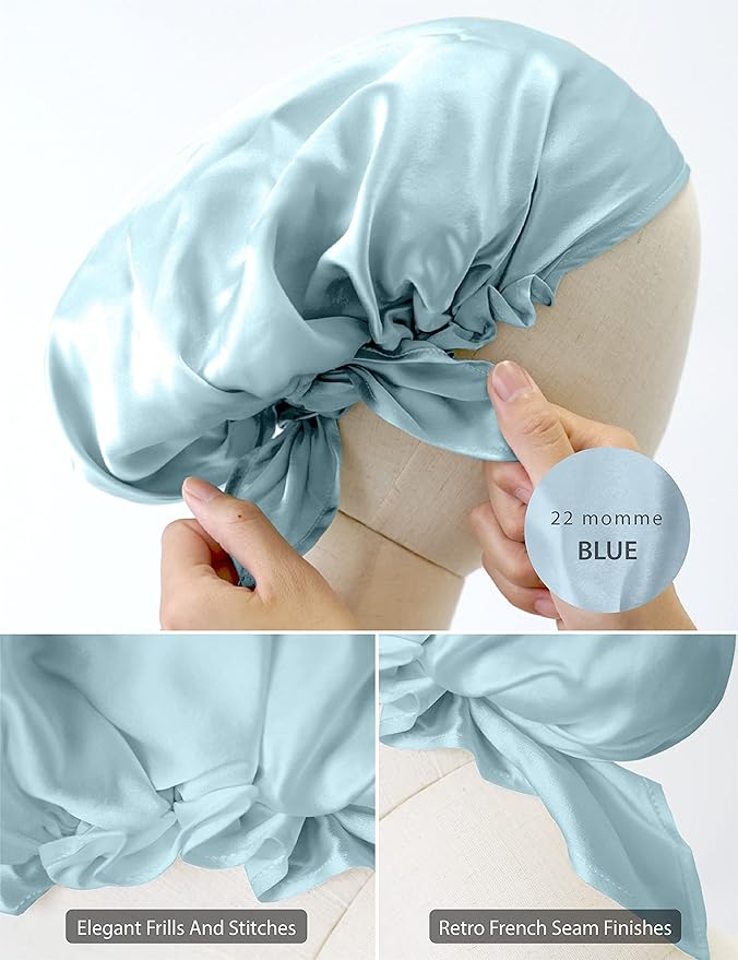 SissiLita 100% Silk Bonnet for Sleeping, Mulberry Silk Sleep Cap with Tie Band for Curly Hair Care (Blue)